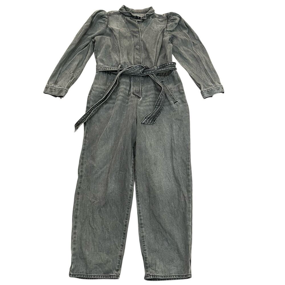 Express Gray Denim Jumpsuit Size 12 Puff Sleeve Ankle Straight Leg Boiler Suit